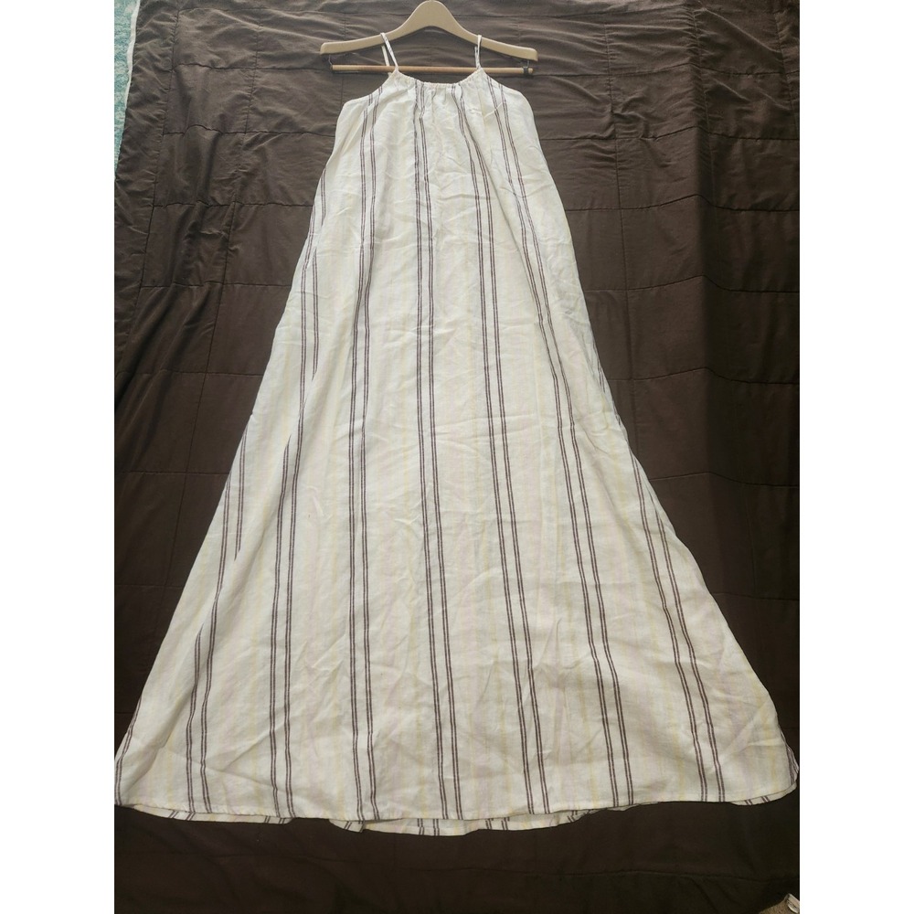 A New Day white linen-blend maxi dress with black & yellow vertical stripes. Med - Picture 2 of 7